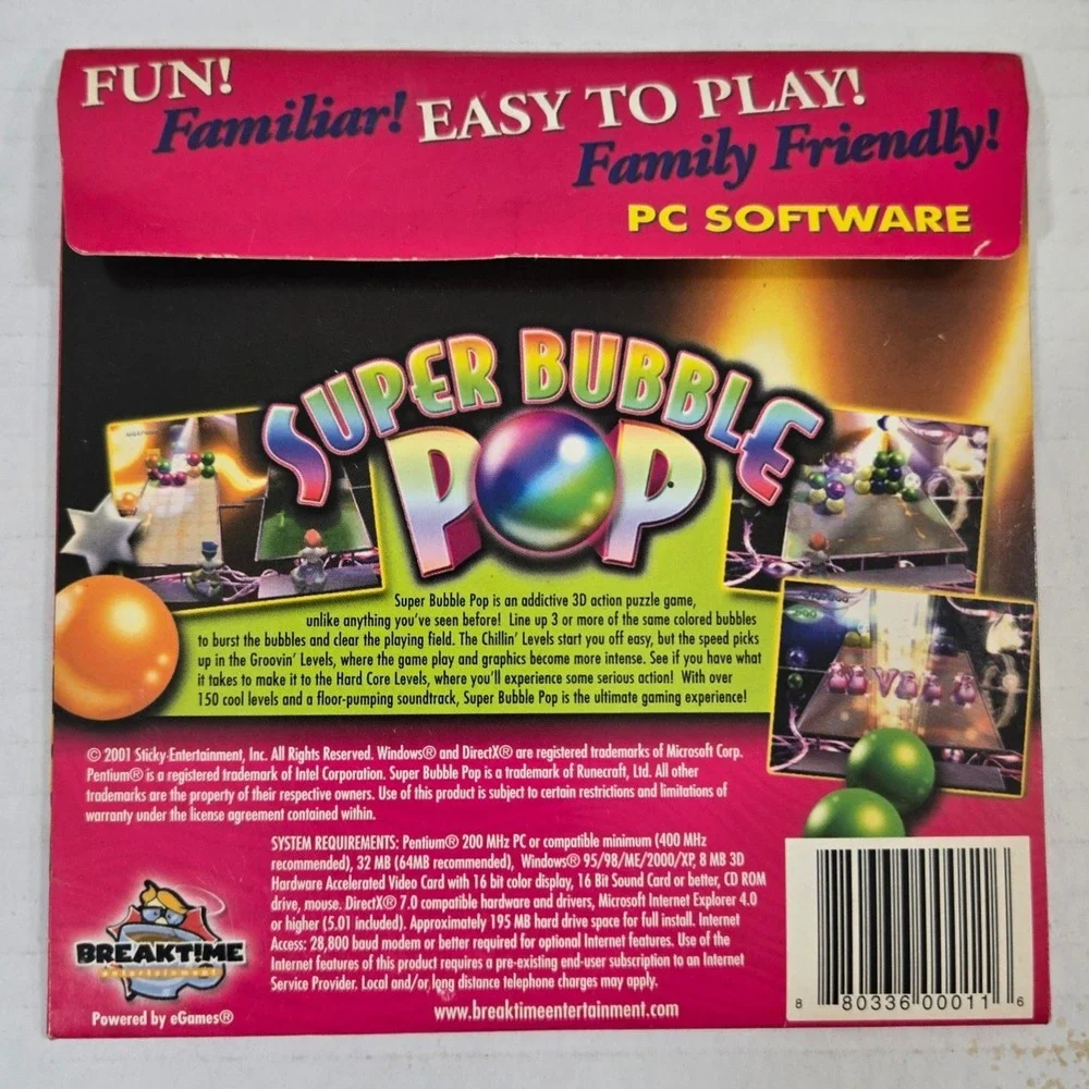 Super Bubble Pop PC Game 2002 Vintage Y2K CD-ROM Breaktime Entertainment